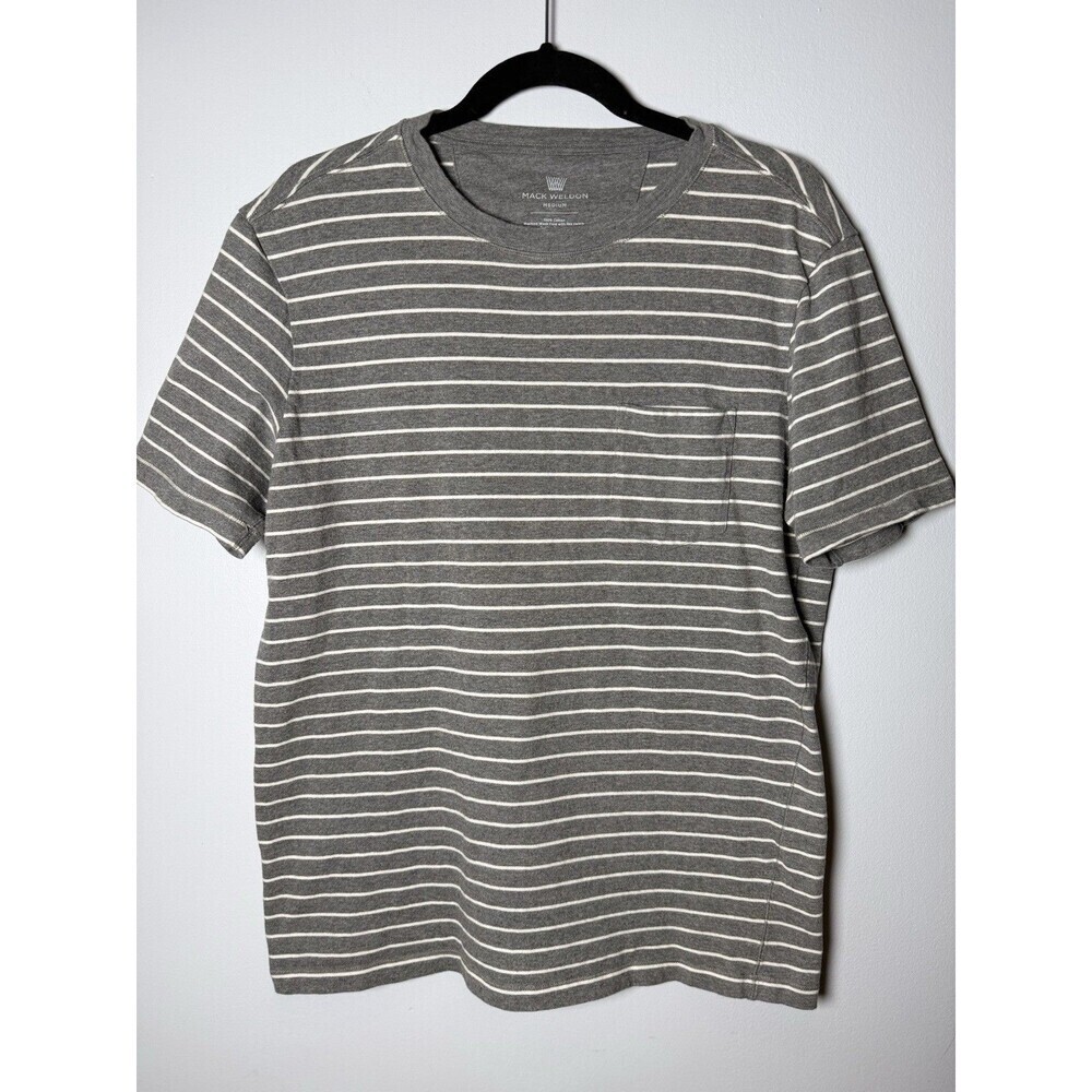 Mack Weldon Men's Medium Grey Striped Cotton Short Sleeve Crew Neck Pocket Tee